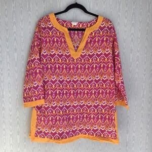 All For Color Blouse Women's L 100% Cotton Ikat Boho Pink Orange 3/4 Sleeve